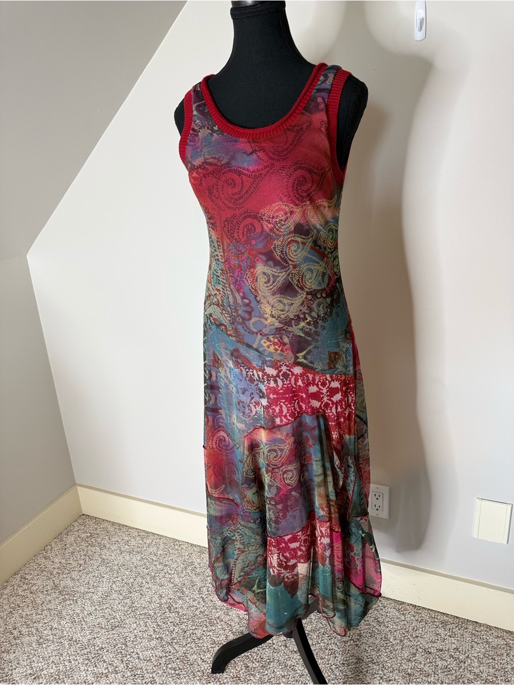 Sleeveless Double Layer Tight Mesh Midi Dress Knit Straps Paisley Flowy Medium - Picture 2 of 10
